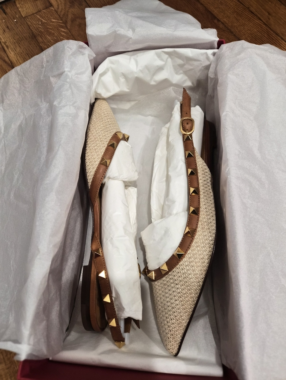 Valentino Garavani Rockstud Raffia Slingback Flats Nude Tan Leather NIB Sz 36 - Picture 13 of 16